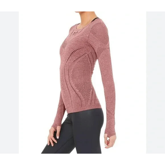 Alo Yoga Lark Seamless Laser Cut Mesh Top Sz Small Long Sleeve Rosewood Stretch - Picture 2 of 13
